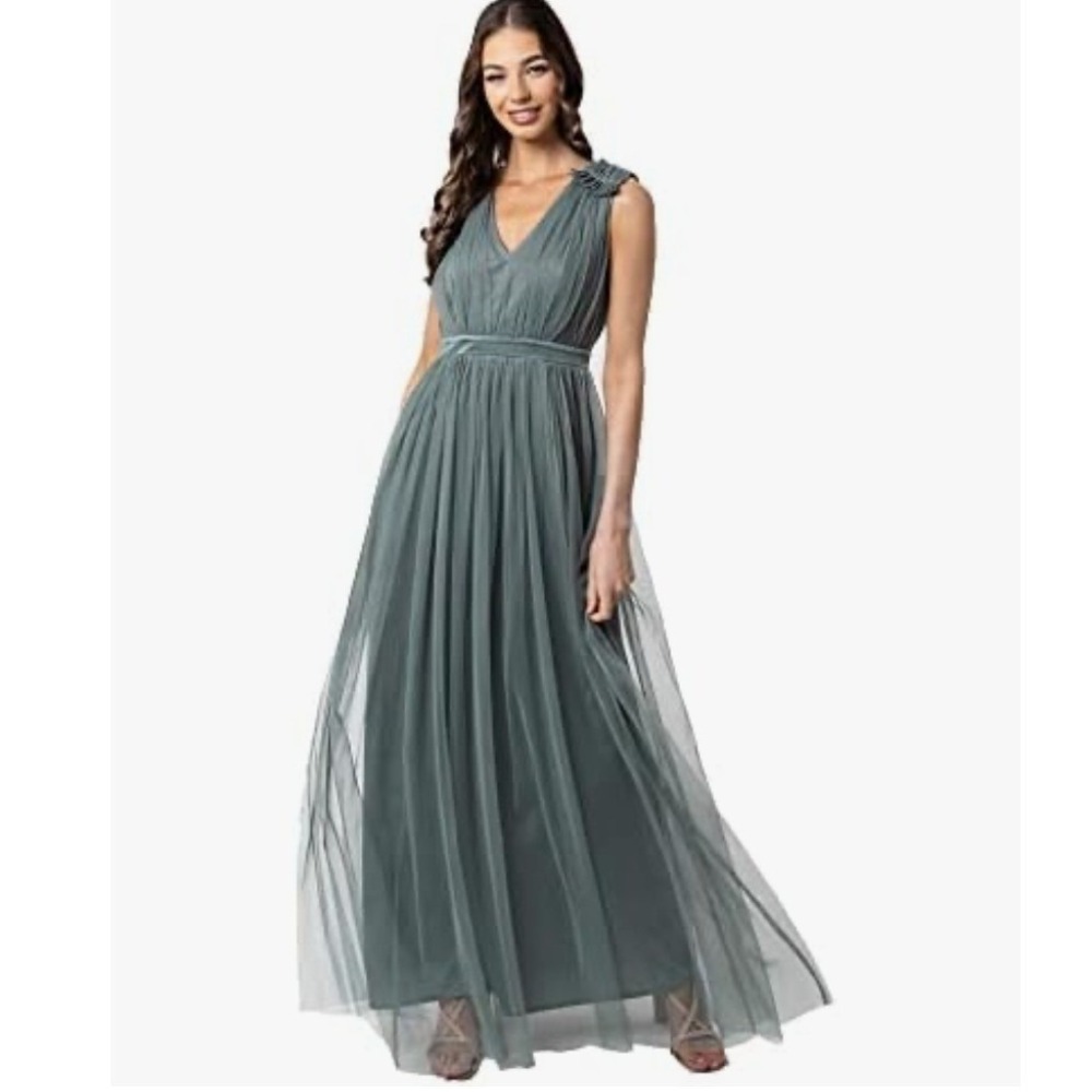 Maya Deluxe Curve Sage Green V Neck Tulle Maxi Dress Ruffle Shoulder Womens 16